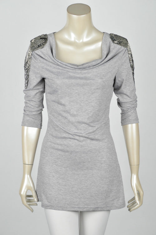 3-4 Sleeve Heather Grey Embellished Tunic